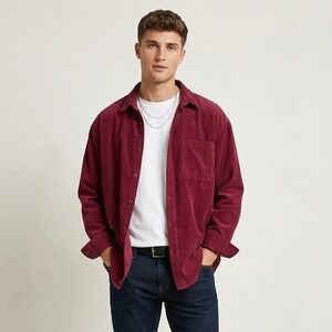 Reclaimed Vintage Mens Corduroy Button Down Shirt Burgundy Red Long Sleeve Large